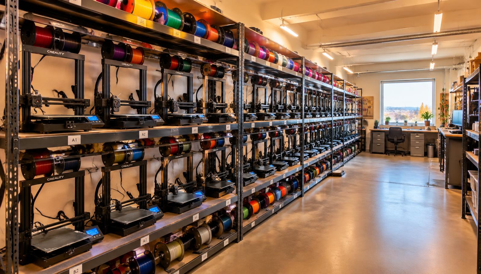 Rows of 3D printers and filament spools in the print farm